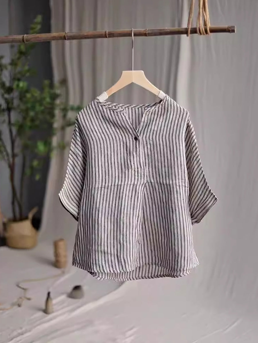 Women Casual Stripe Summer Linen V-Neck Shirt PA1001