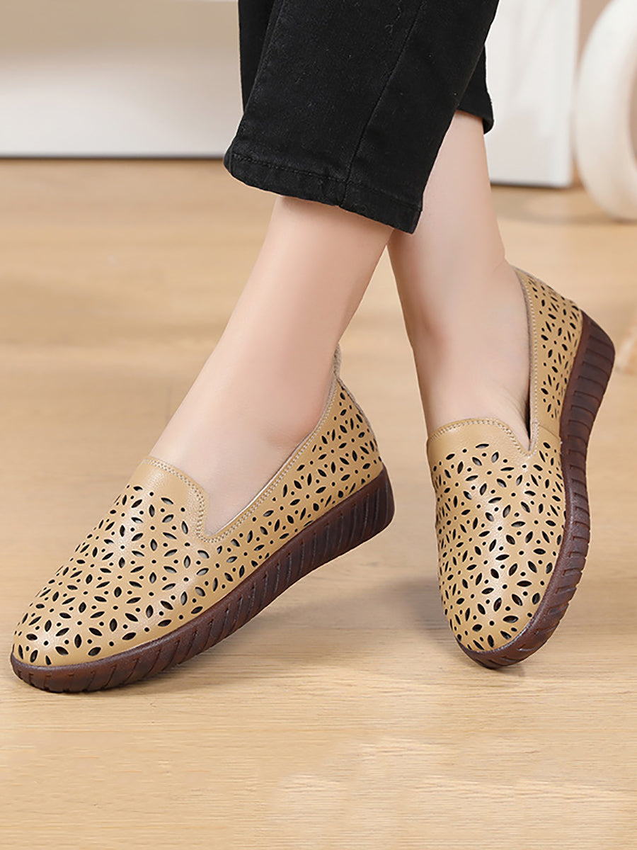 Women Summer Solid Leather Cutout Flat Soft Shoes UI1027