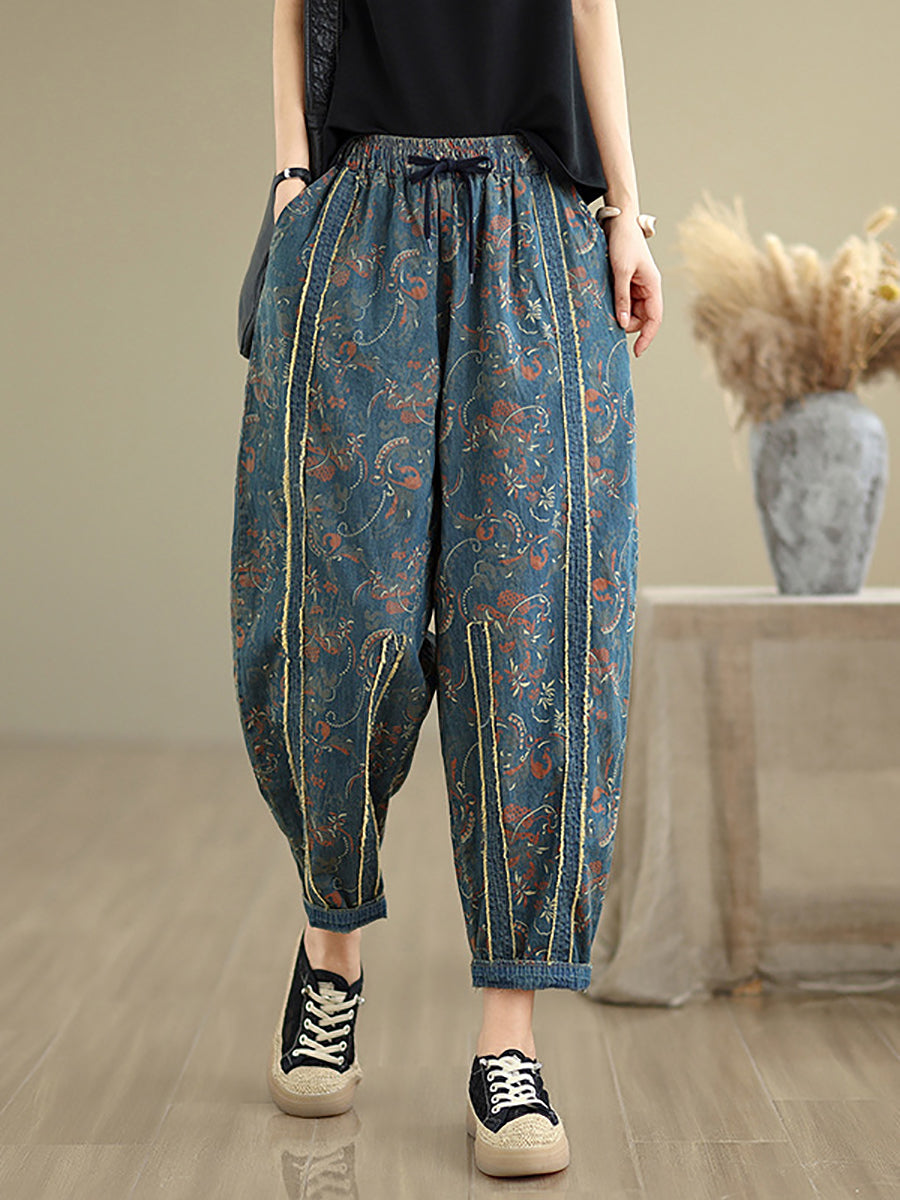 Women Patchwork Flower Denim Pants Harem Retro