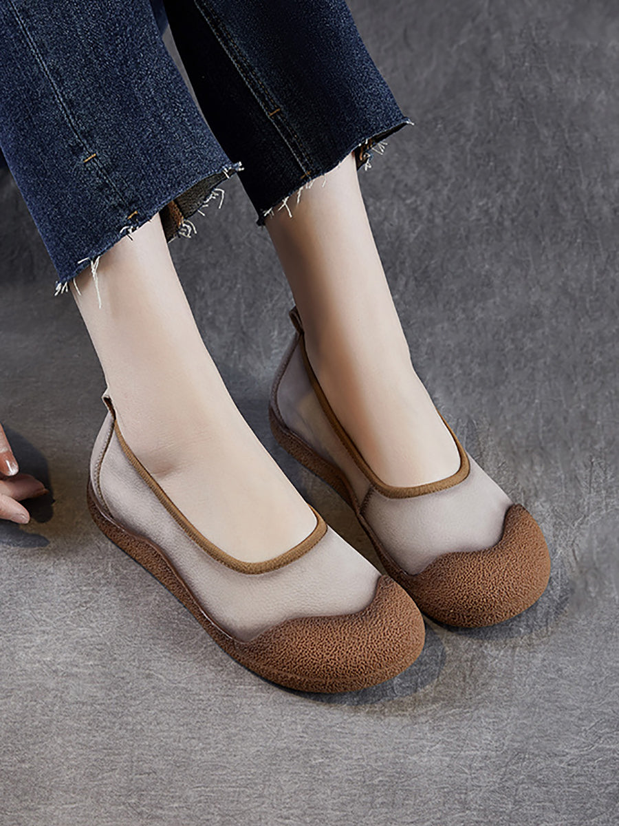 Colorblock Shoes Women Flat Genuine Summer Leather