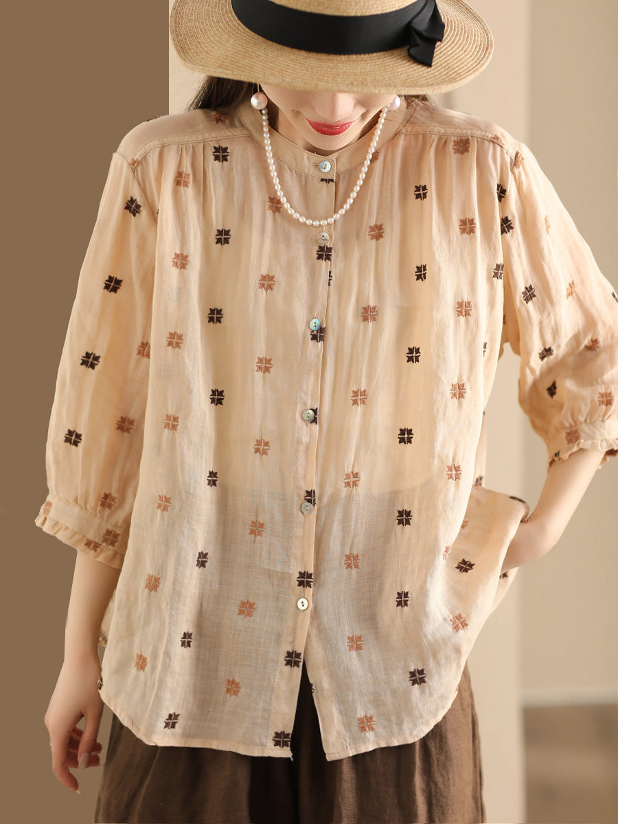 Women Spring Floral Embroidery Linen Button-Up Shirt CO1010