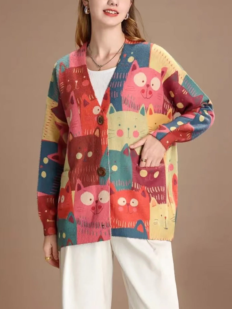 Cardigan tricoté à motif de chat mignon pour femme, pull de printemps PA1005