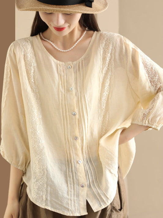 Women Summer Artsy Lace Spliced Ramie Button-Up Shirt II1020