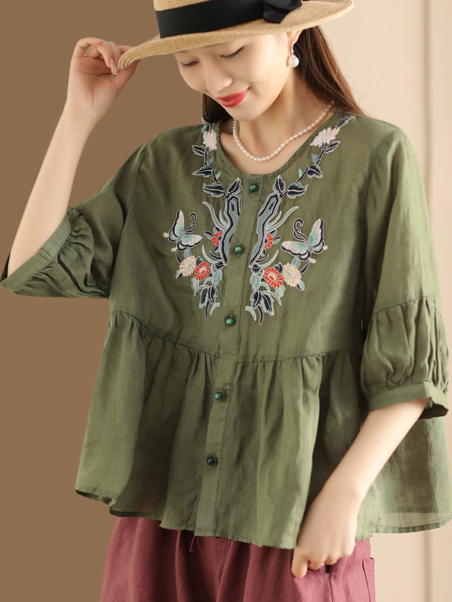 Women Ethnic Flower Embroidery Summer Ramie Shirt QW1015