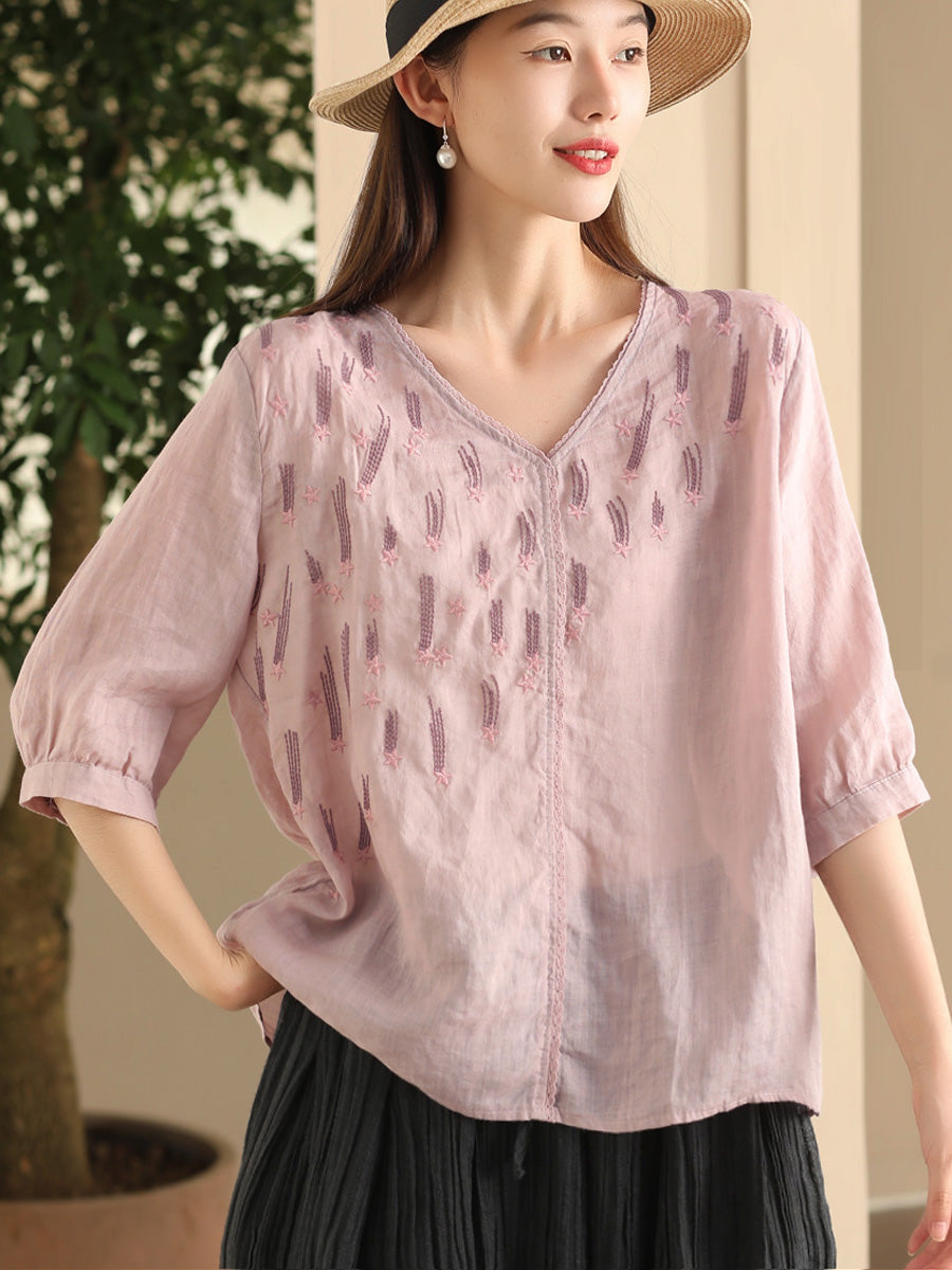 Women Summer Artsy Embroidery V-Neck Ramie Shirt FD005