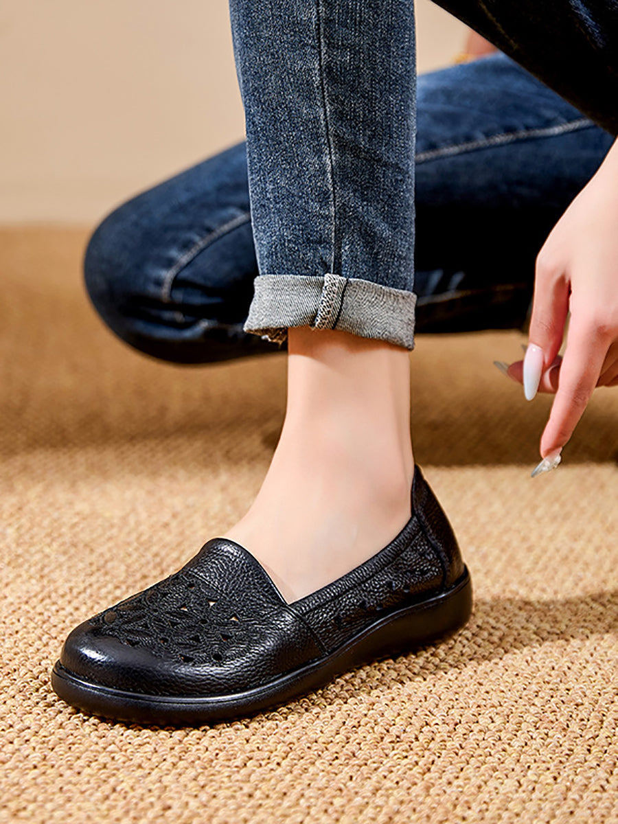 Heel Flower Leather Women Mid Shoes Soft Summer