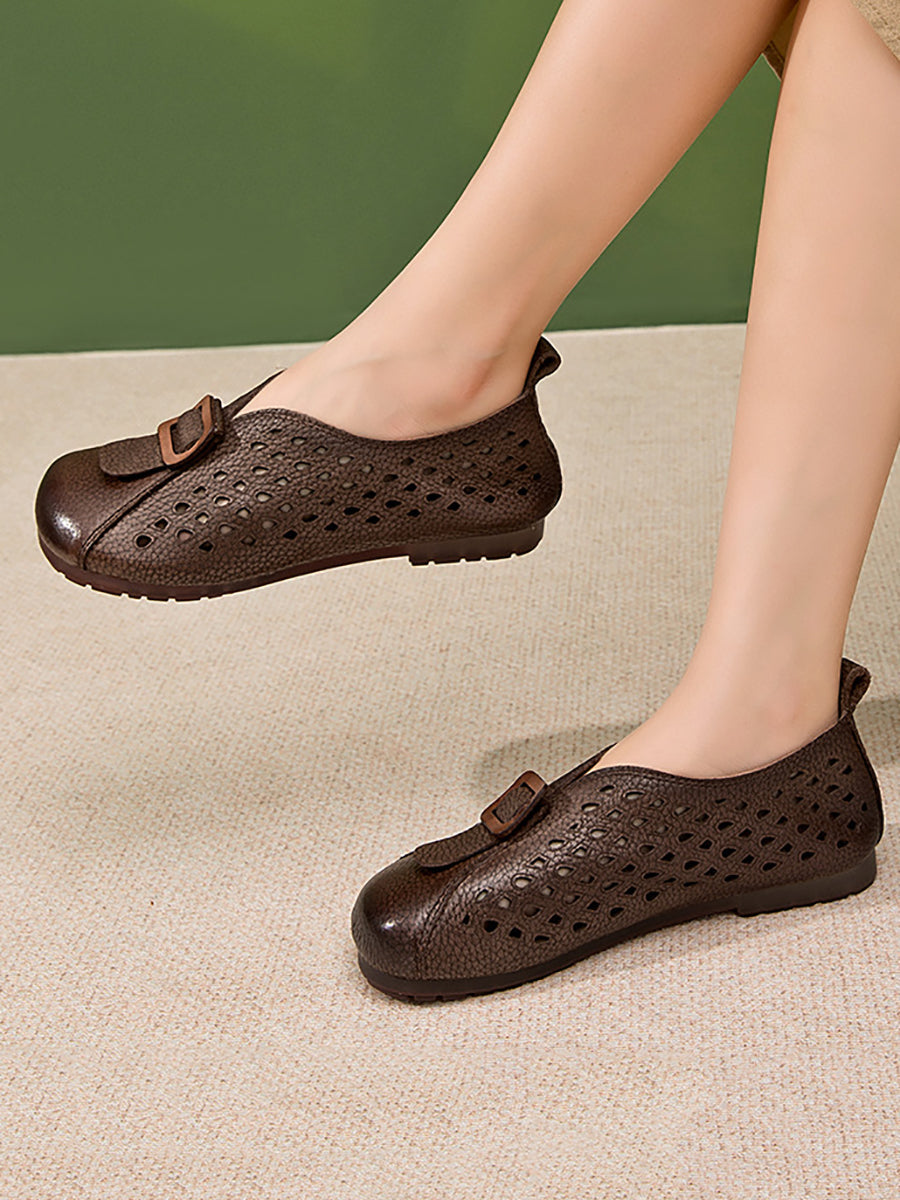 Women Leather Vintage Summer Shoes Flat Spliced