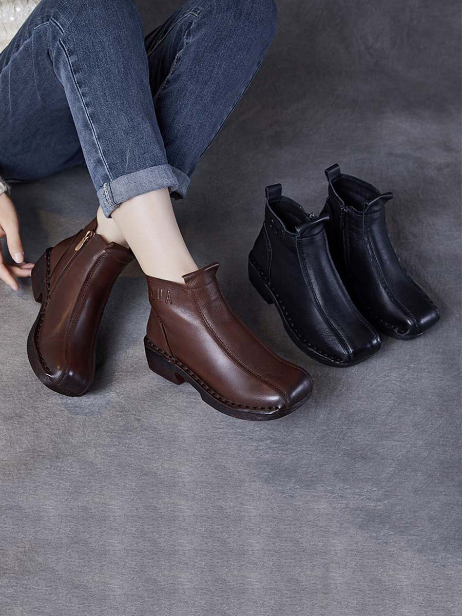 Women Autumn Genuine Leather Spliced Mid-Heel Boots AH1050