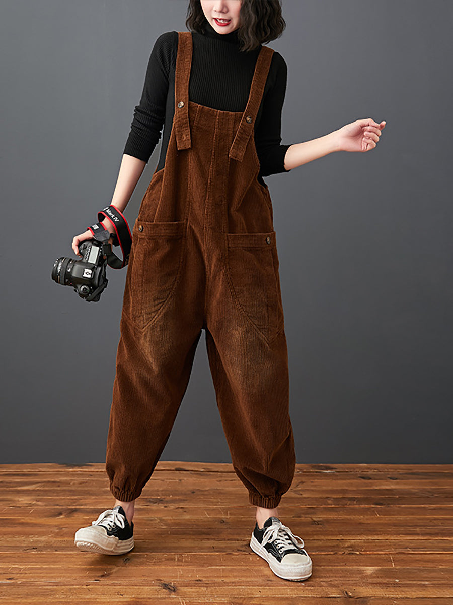 Women Commute Autumn Solid Corduroy Loose Jumpsuits AK1022