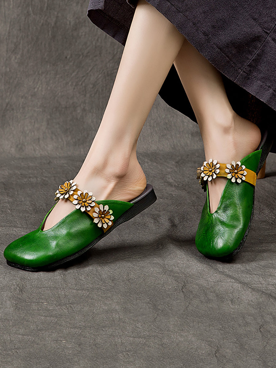 Women Summer Solid Flower Leather Slippers SC1011