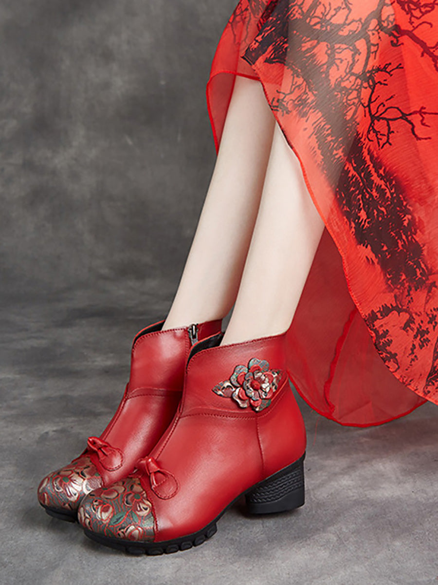 Women Ethnic Autumn Flower Spliced Leather Mid-Heel Boots AI1019