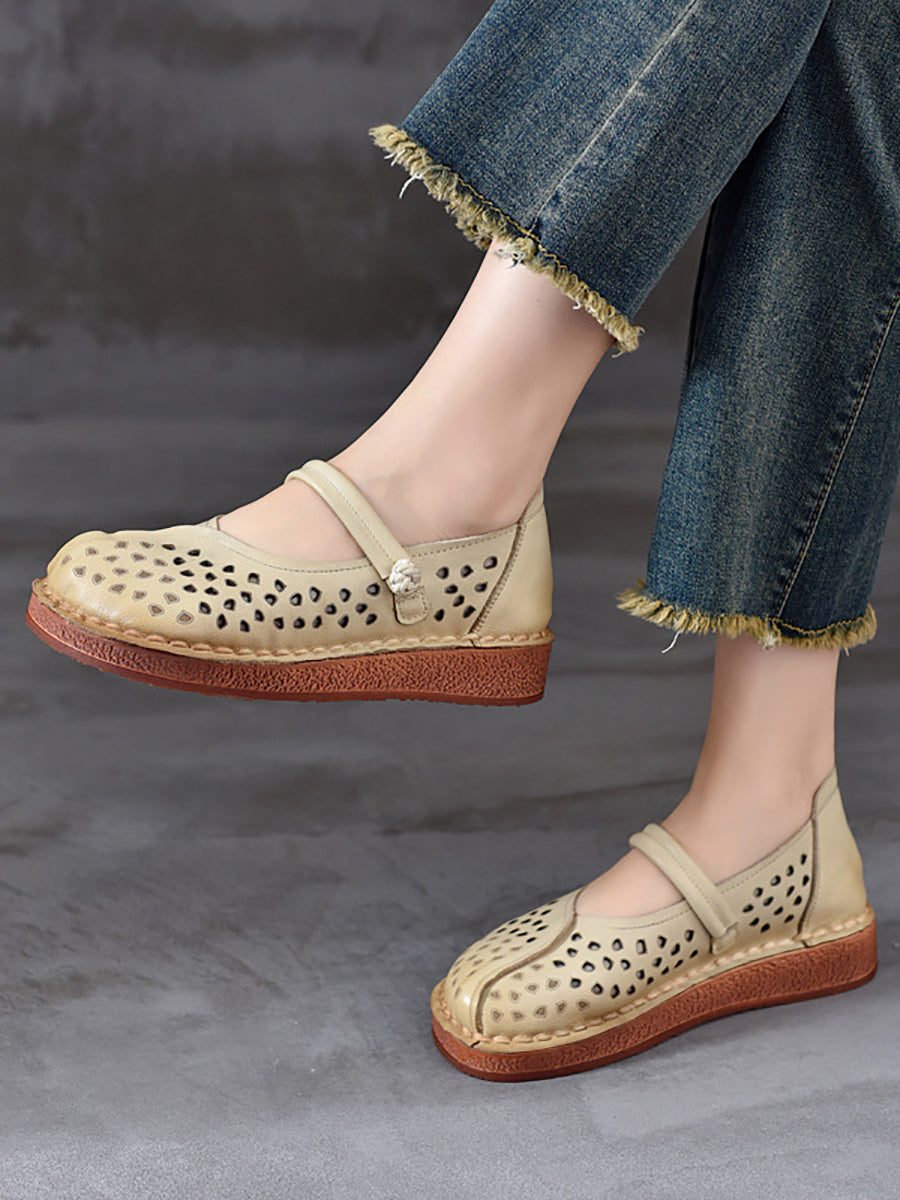 Women Summer Leather Solid Cutout Leather Flat Shoes OO1018