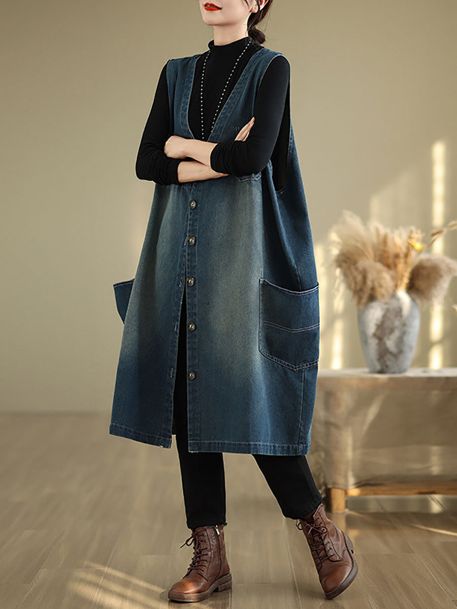 Women Casual Summer Spliced V-Neck Button-up Denim Vest Coat AT1007