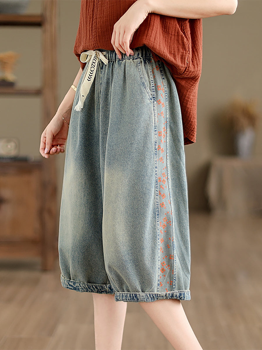 Women Summer Spliced Washed Denim Knee Length Pants OP1039