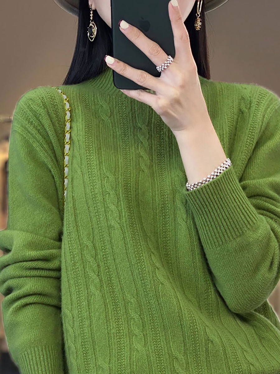 Women Autumn Solid Cable Knit 100%Wool Half Turtleneck Sweater QN027