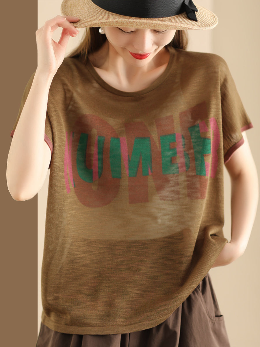 Women Summer Letter Printing Knitted Loose Shirt OP1049