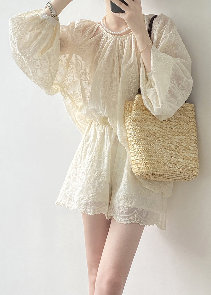 Art Shorts Piece Beige Spring And Two Set Cotton Tops Embroidered