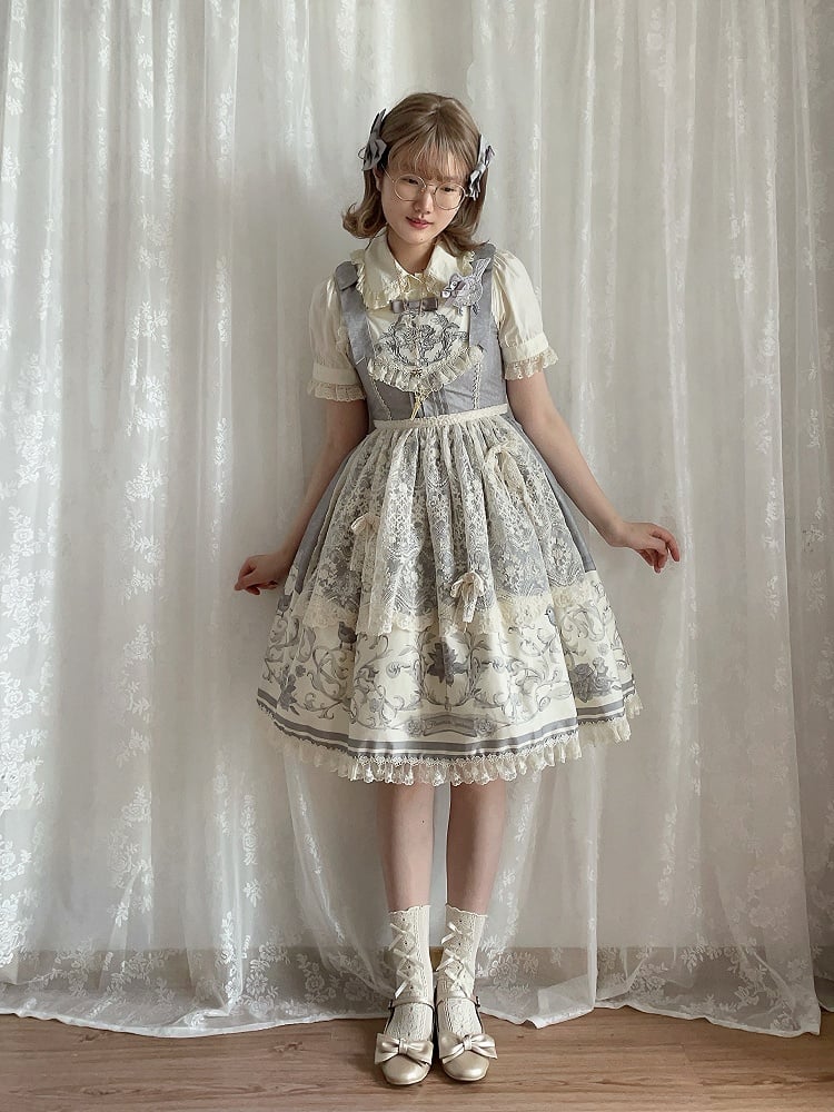 Print Jumper Titmouse Skirt and Lolita Floral Gray
