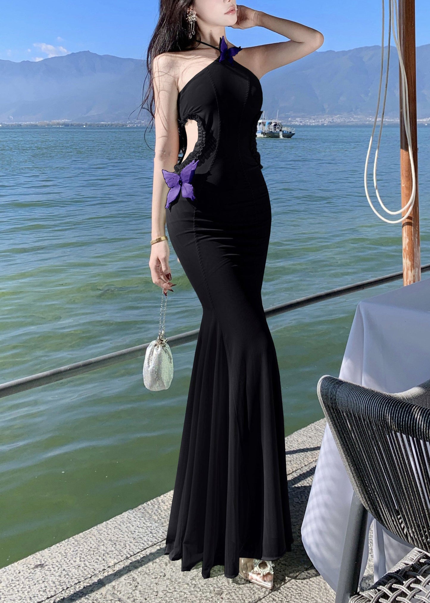 Sleeveless Black Out Butterfly Long Tulle Hollow Dresses Ruffled