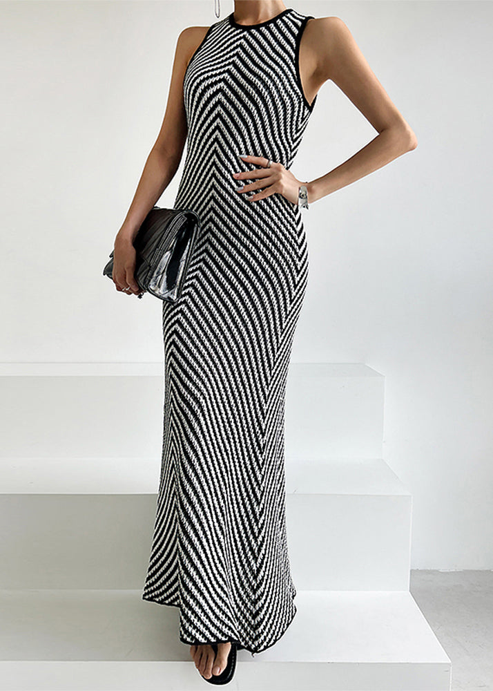 Ankle Striped Black Silm Sleeveless Fit Knit Dress