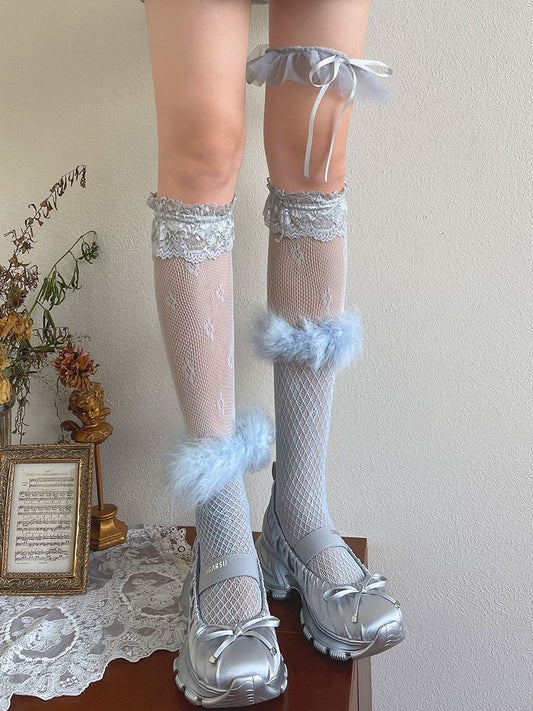 Lace Overknee Blue Cuffs Loop Feather Leg Stockings With
