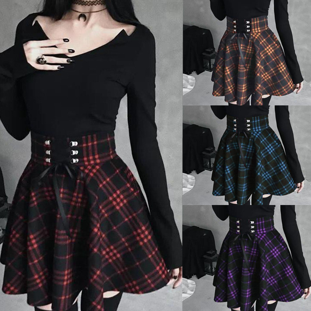 Gothic High Waist Laced Plaid Skirt SP14143