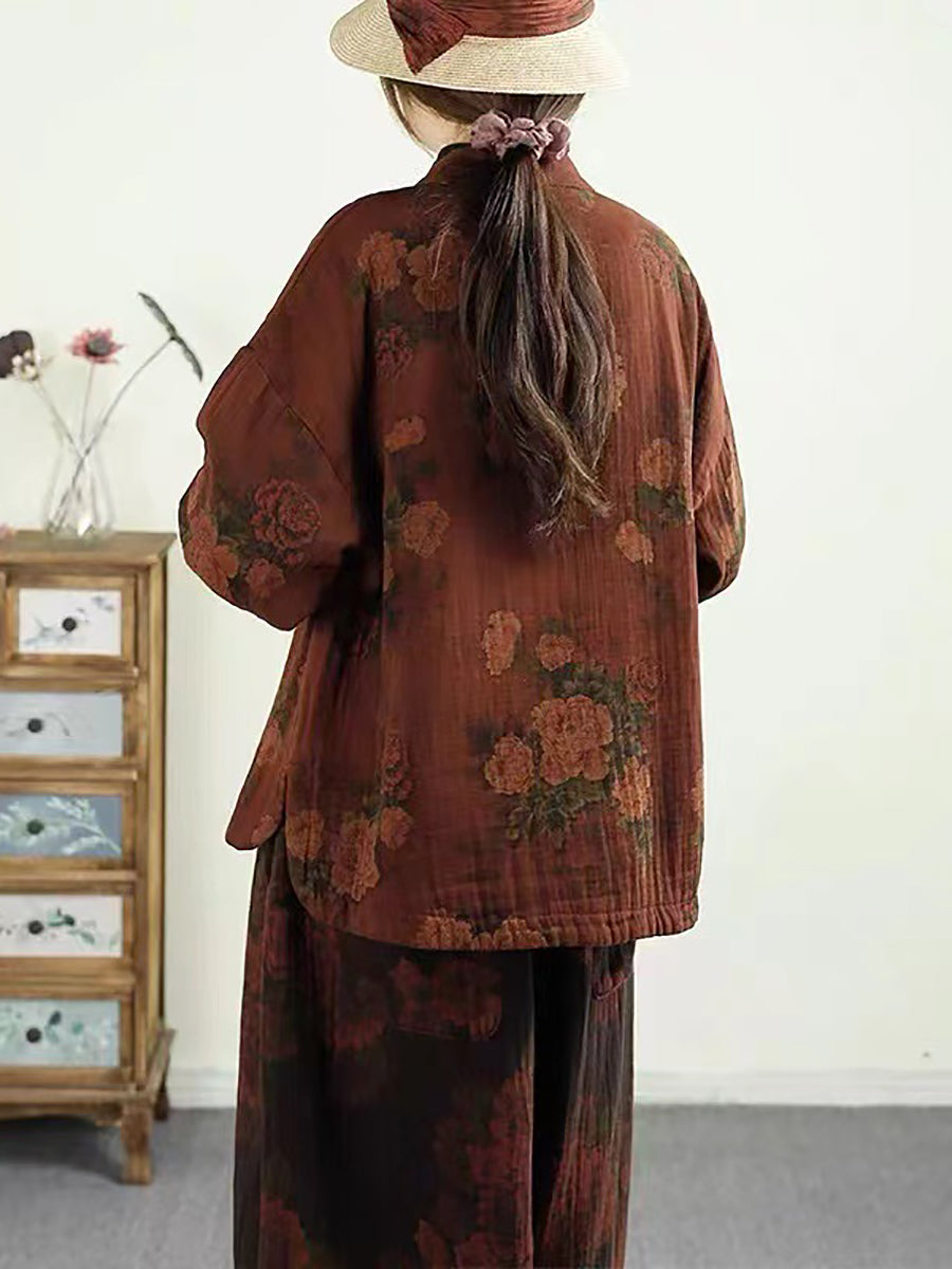 Women Ethnic Autumn Flower Buckle Cotton Stand Collar Coat BA1046