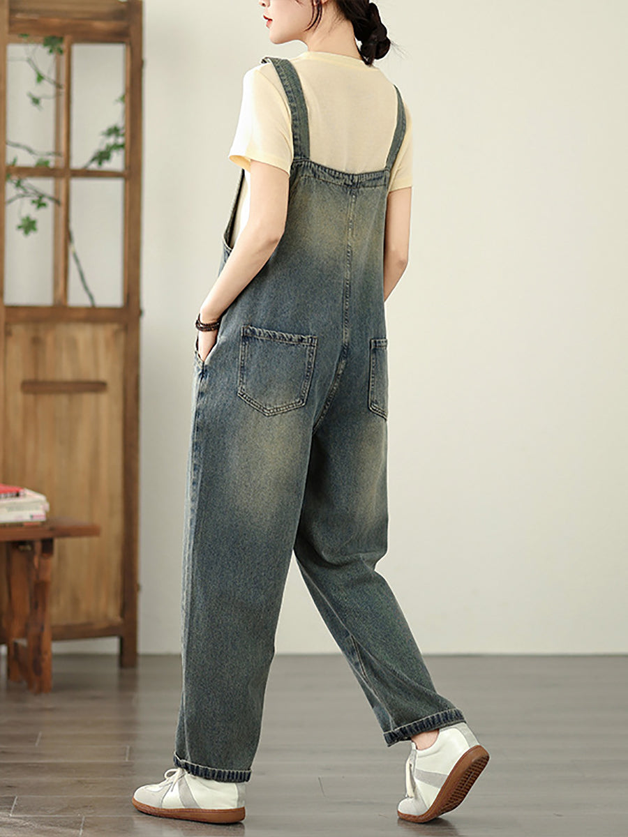 Women Pure Straight Summer Jumpsuits Color Denim Casual