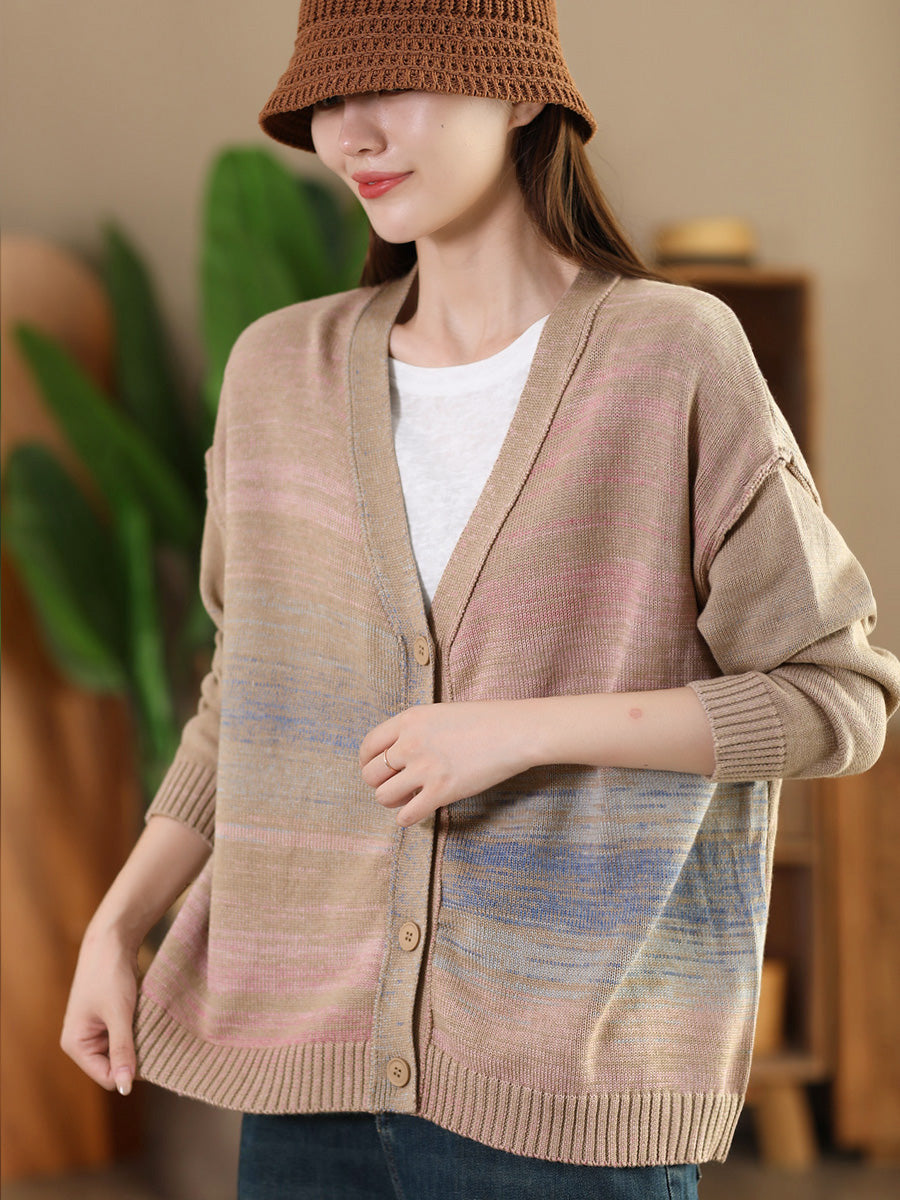 Women Autumn Artsy Colorful Knit V-Neck Cardigan Sweater AI1077