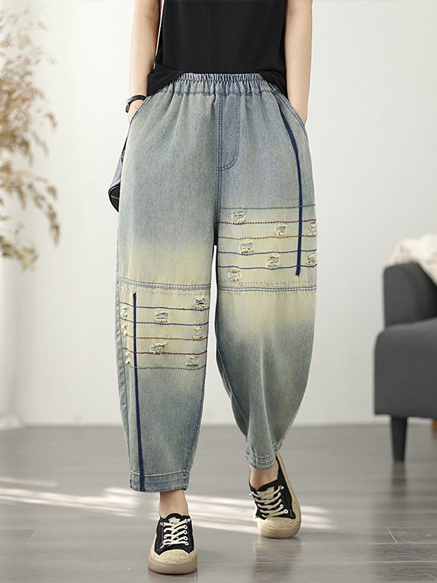 Harem Denim Frayed Retro Women Pants
