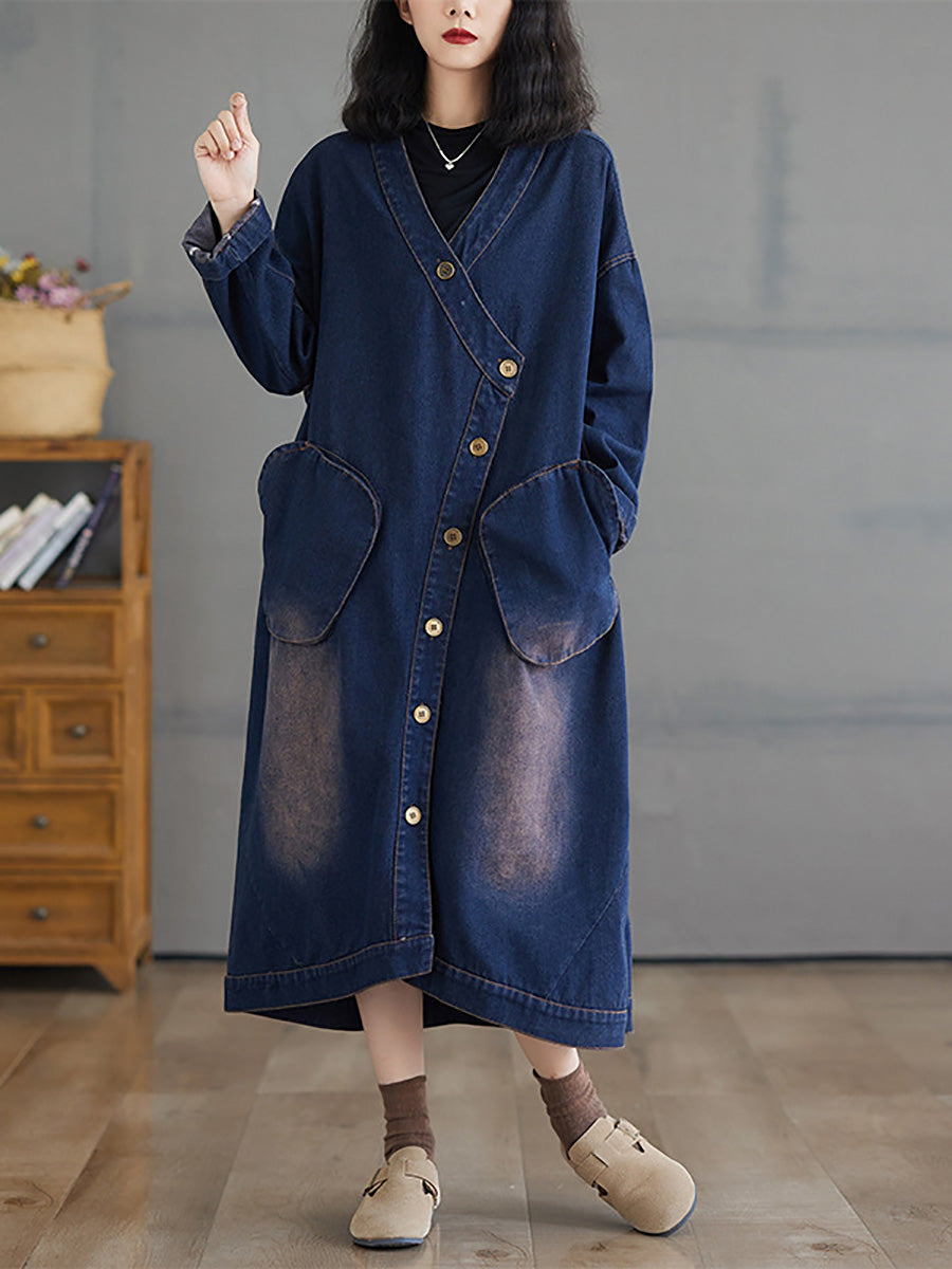 Women Autumn Worn V-Neck Washed Denim Long Coat AX1080