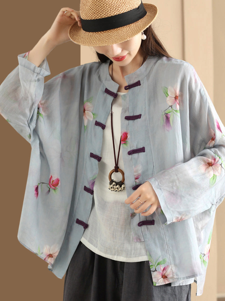 Damen Sommer Artsy Flower Button-Up Ramie Shirt HH016