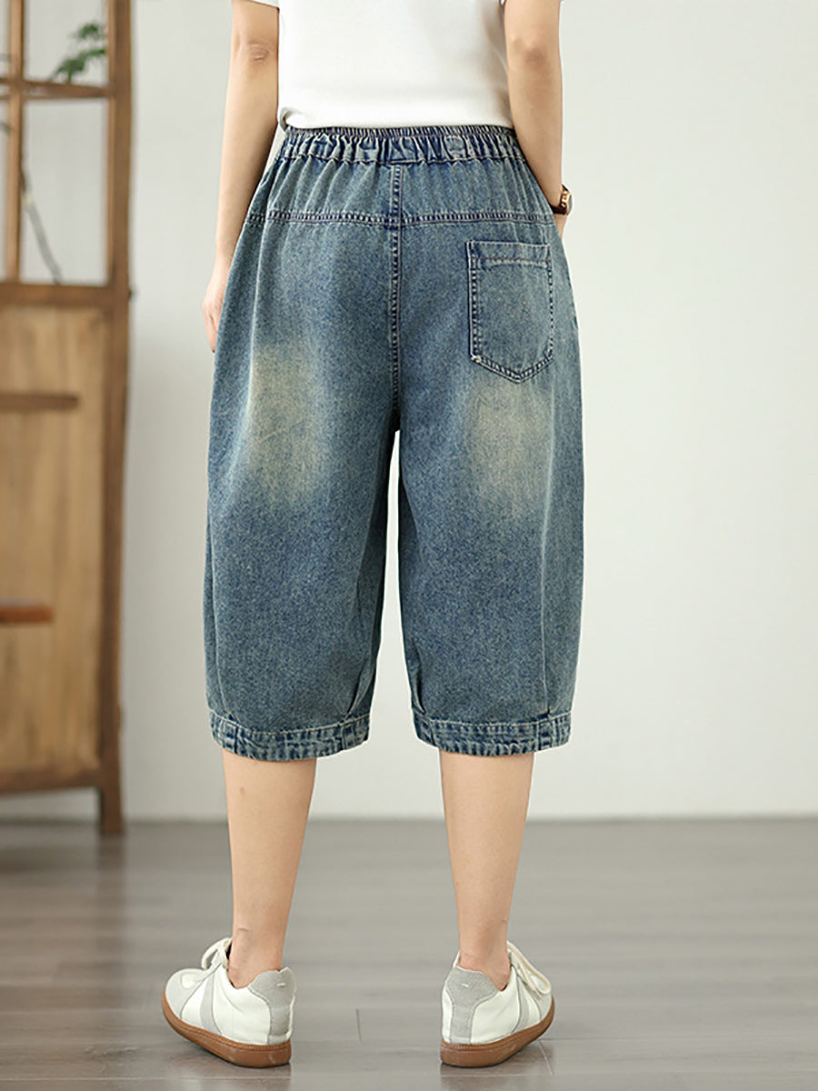 Flower Denim Patchwork Retro Fifth Women Embroidery Pants