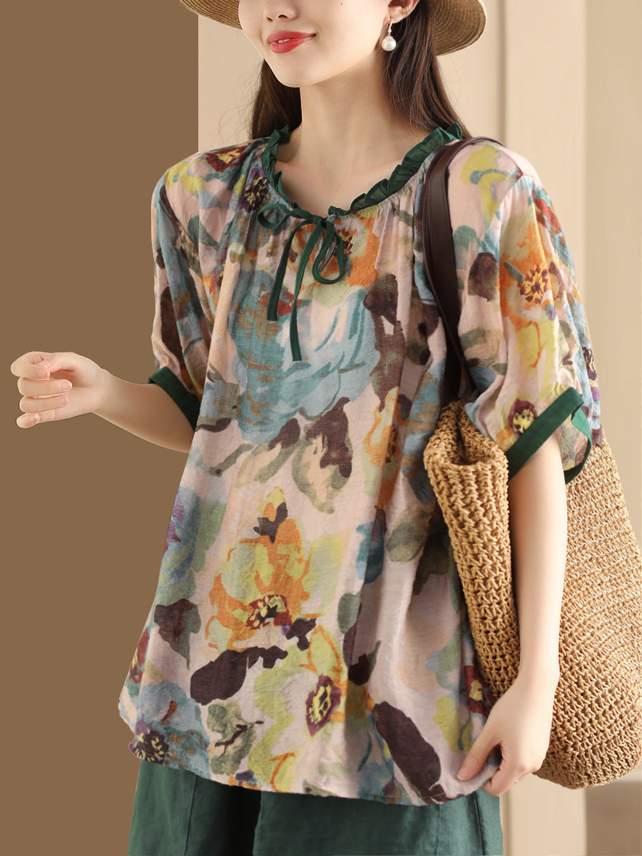 Women Summer Artsy Print Strap Loose Linen Shirt HH046