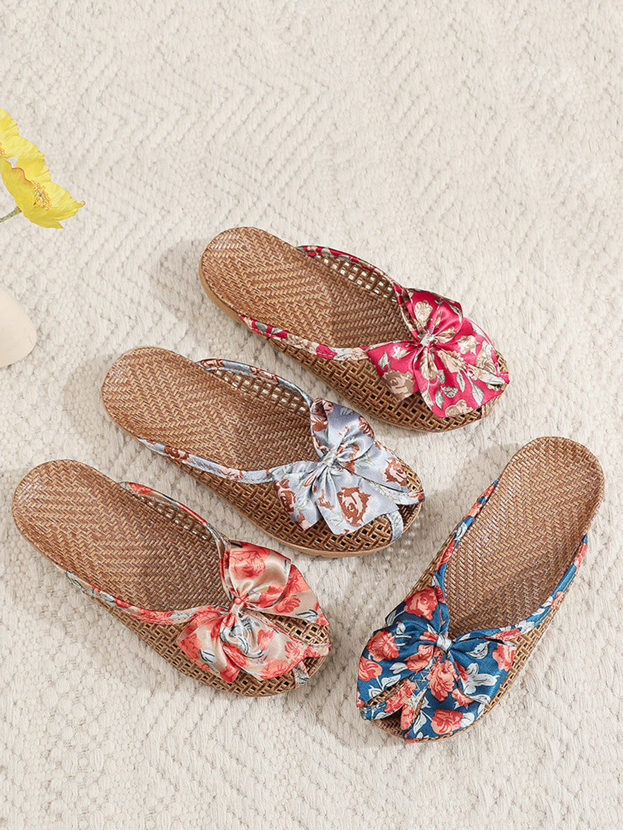 Indoor Weave Slippers Women Straw Flower Ethnic Bowknot