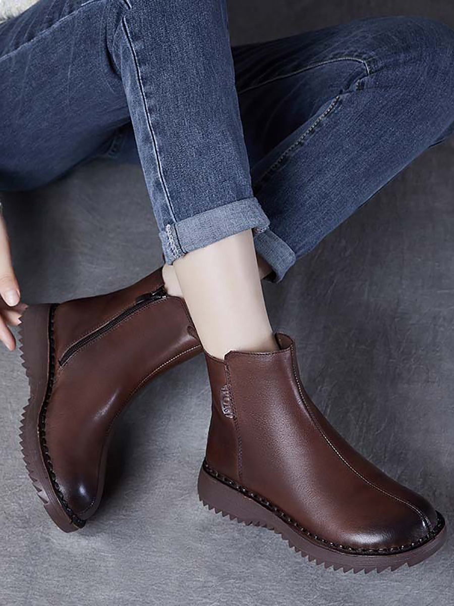 Women Retro Genuine Leather Zippper Mid-Heel Boots