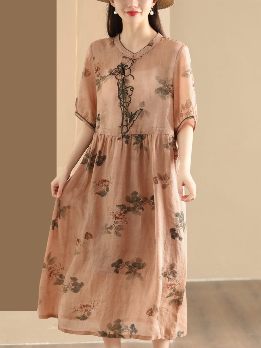 Women Summer Vintage Butterfly Embroidery Ramie Dress PP1036