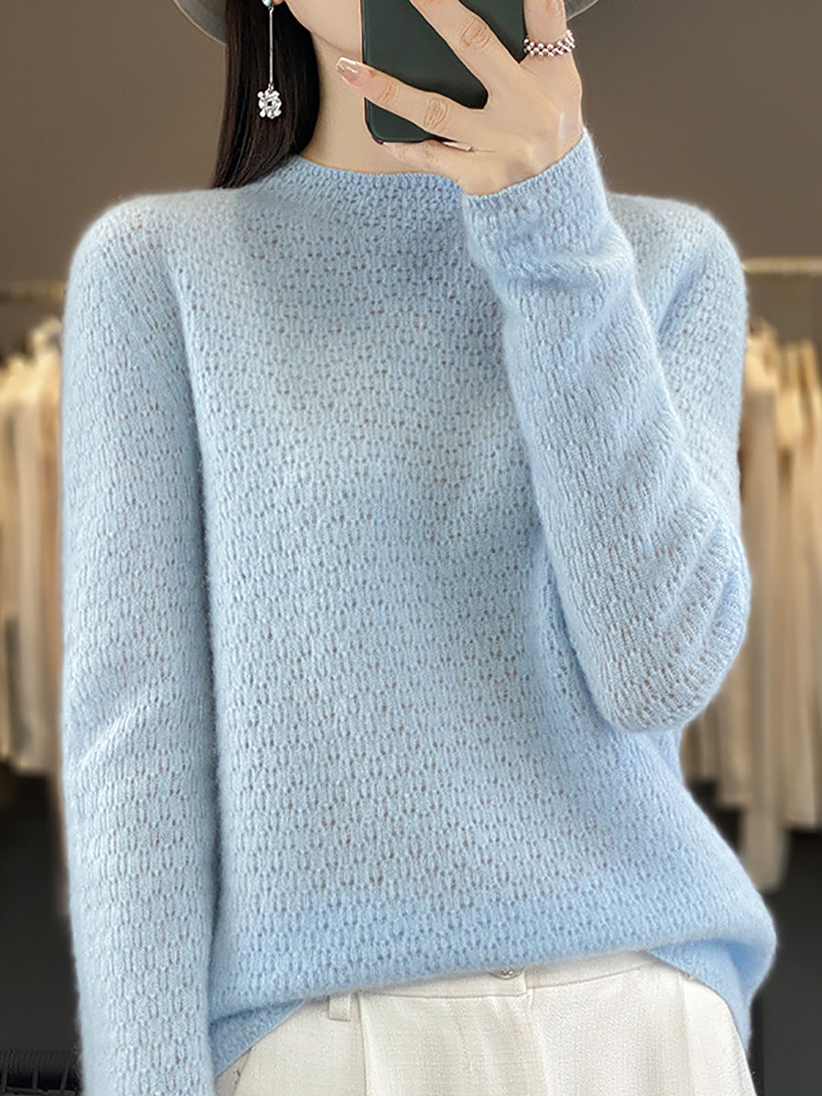 Women Autumn Casual Solid Knit 100%Wool O-Neck Sweater WU010