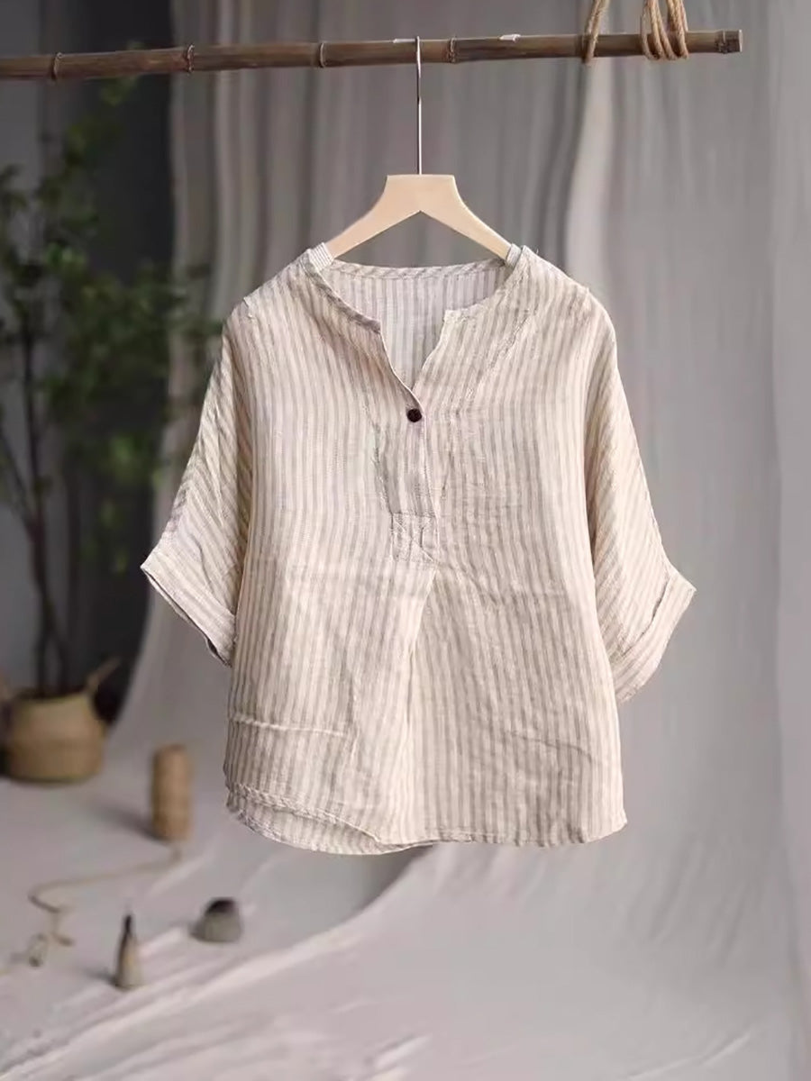 Women Casual Stripe Summer Linen V-Neck Shirt PA1001