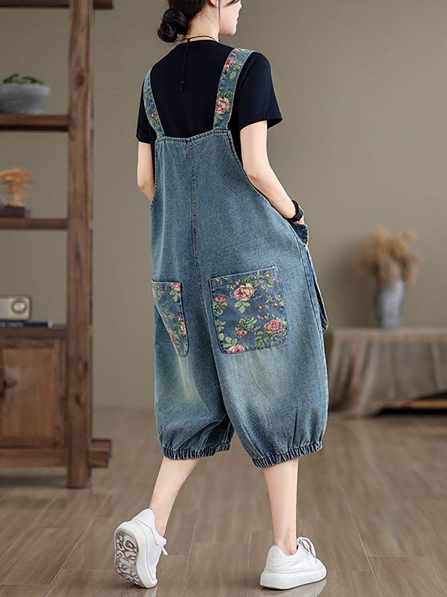 Damen Sommer Retro Blumen Gespleißt Denim Overalls BN1030