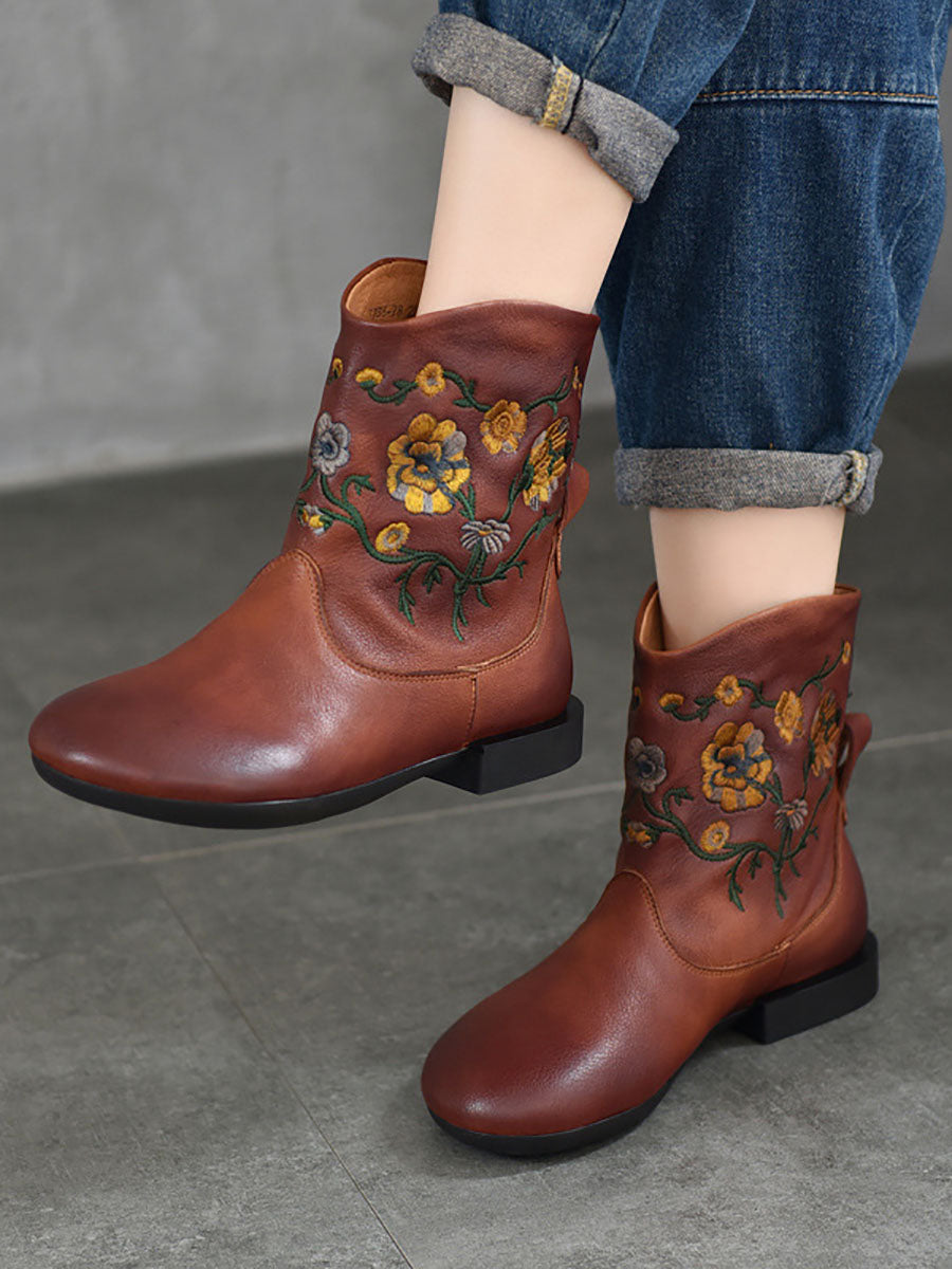 Women Vintage Flower Embroidery Leather Low Heel Boots AX1050