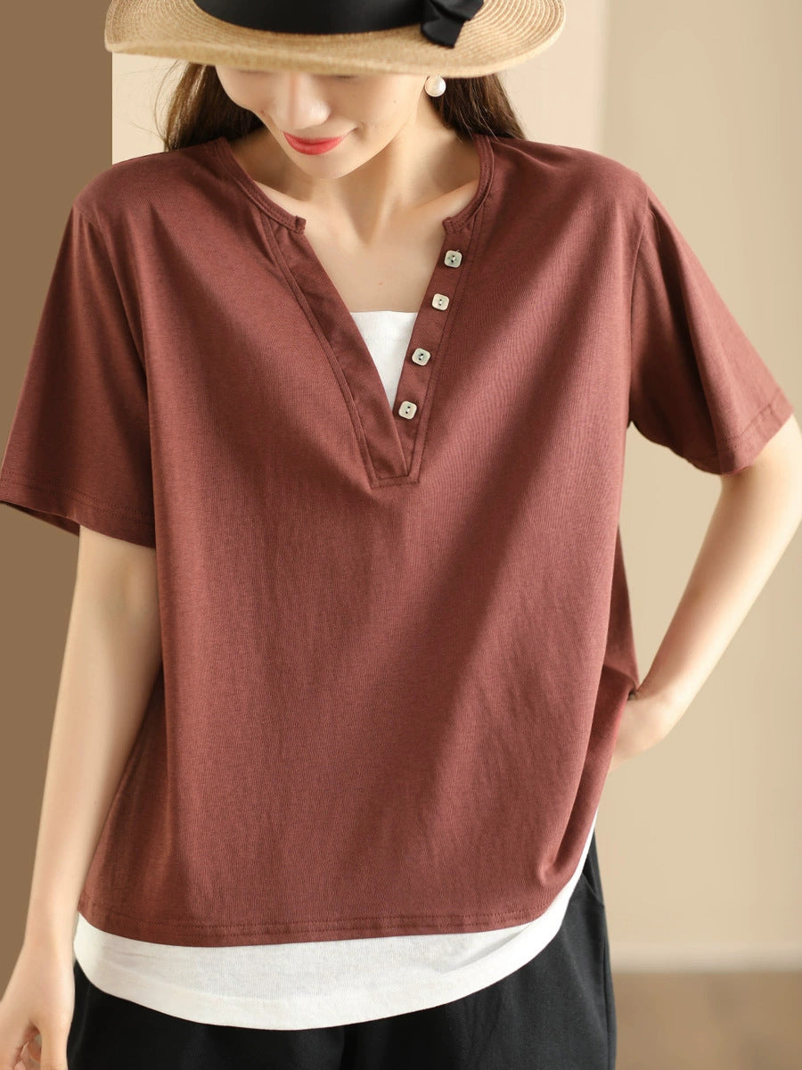 Women Casual Colorblock Pullover V-Neck Cotton Shirt AS1001