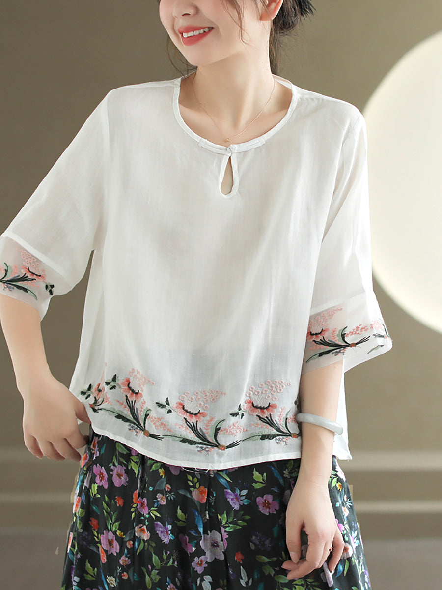 Women Summer Vintage Floral Embroidery Ramie Shirt AS1045