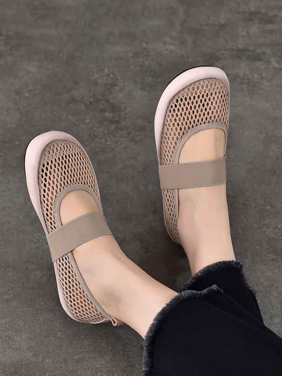 Leather Low Summer Women Shoes Heel Mesh