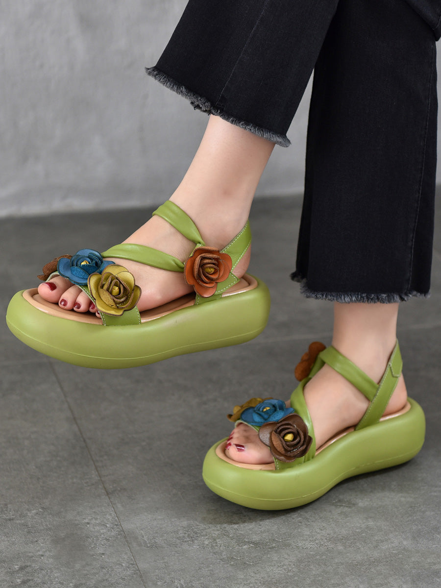 Leather Vintage Sandals FLower Platform Women