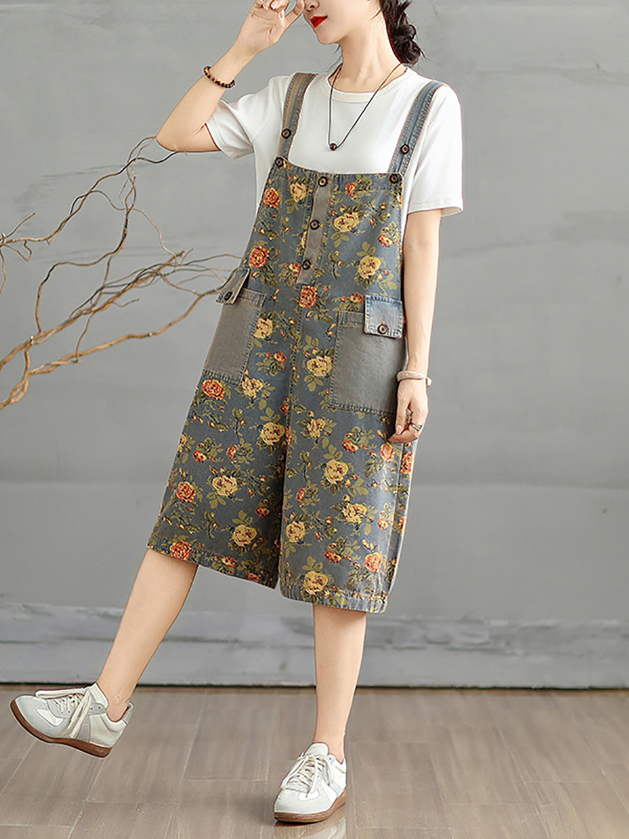 Women Flower Denim Jumpsuits Artsy Short Summer