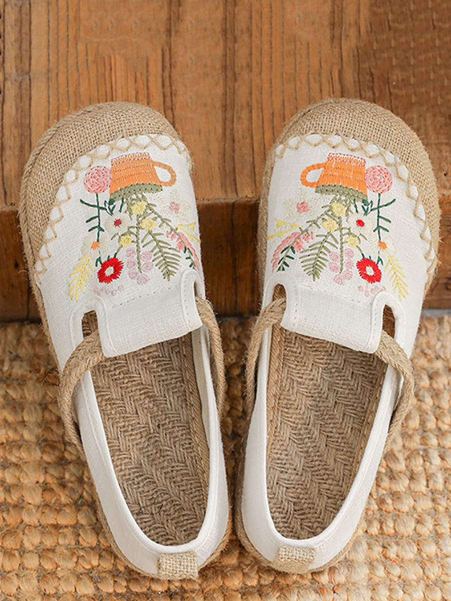 Women Summer Artsy Flower Embroidery Linen Cotton Shoes AT1080