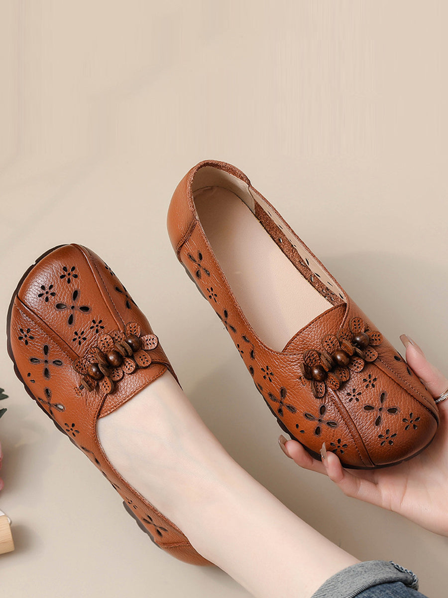 Chaussures d'été en cuir vintage à découpes florales pour femmes FG1026