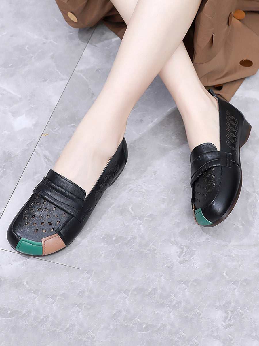 Women Summer Leather Colorblock Cutout Flat Shoes UI1030