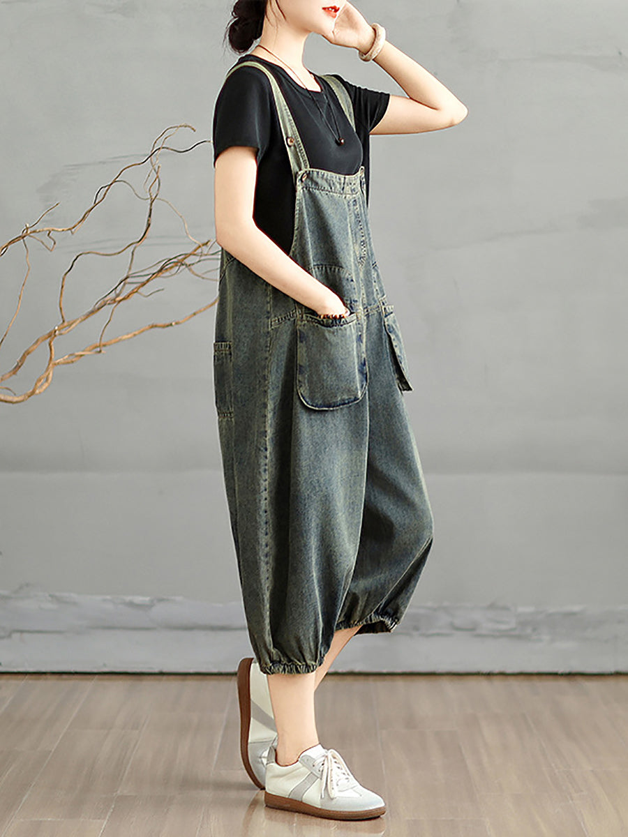 Summer Worn Women Cropped Color Denim Jumpsuits Pure